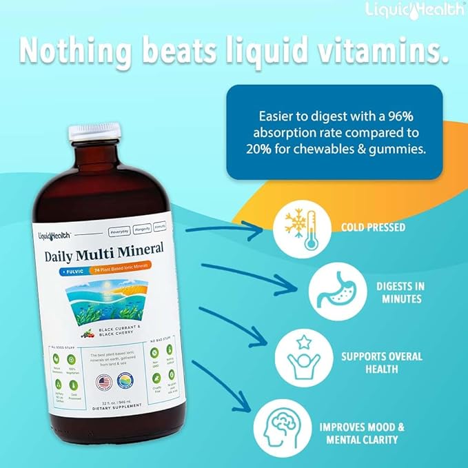 LIQUIDHEALTH Daily Multi Mineral Liquid Supplement with Fulvic Acid, Plant Based Ionic Aquamin Sea Trace Ocean Minerals - Immune Support, Energy, Gut Health, Detox - Made in USA, Vegetarian (3 Pack)