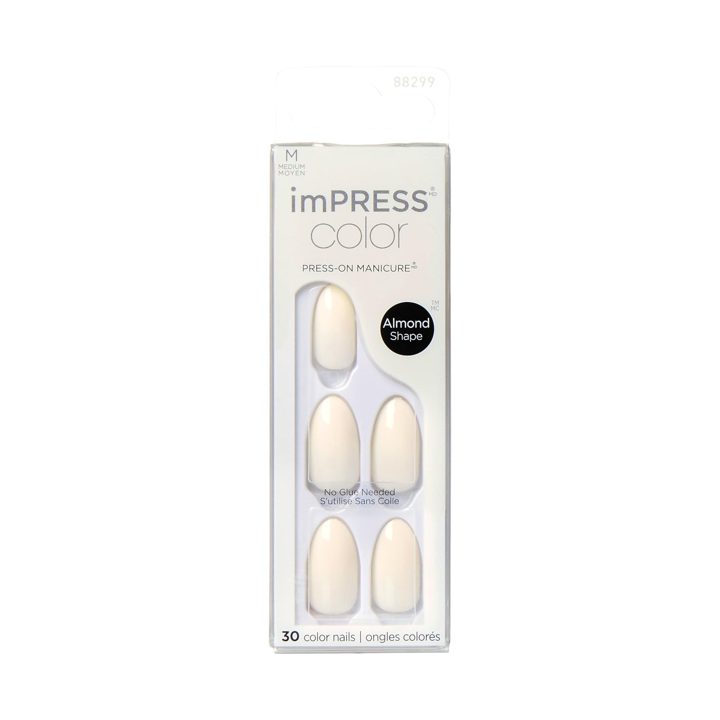 Kiss Impress No Glue Mani Press On Nails, Color, 'Ballroom', White, Medium Size, Almond Shape, Includes 30 Nails, Prep Pad, Inst