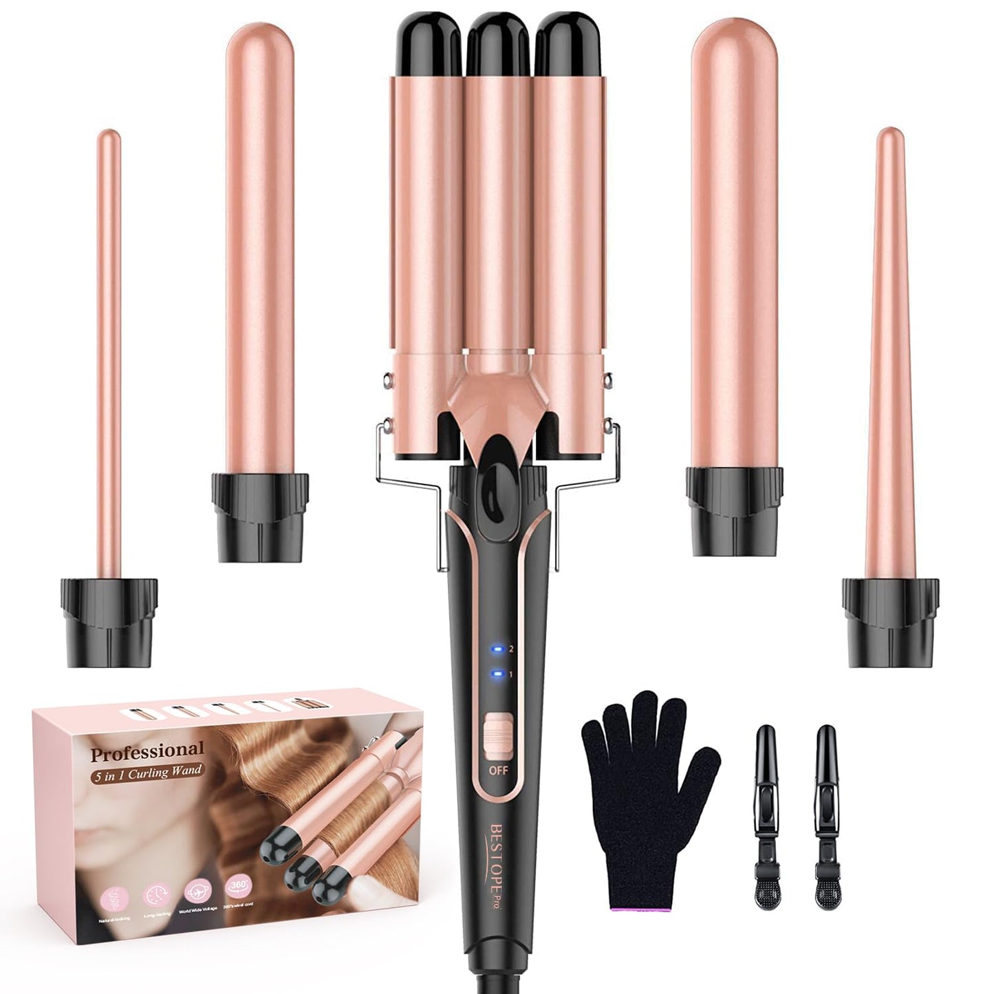 Waver Curling Iron Wand, Bestope Pro 5 In 1 Curling Wand Set With 3 Barrel Hair Crimper For Women, Fast Heating Hair Wand Curler