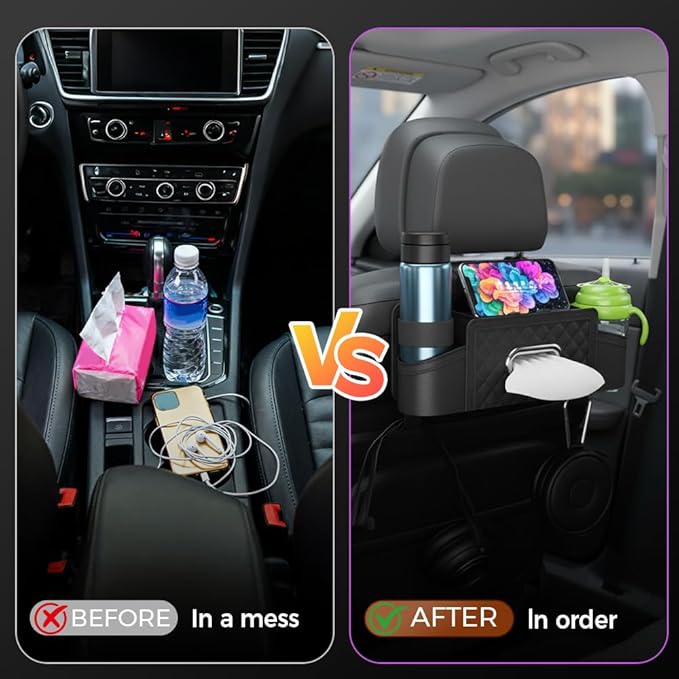 3-in-1 Car Backseat Organizer with Cup Holder Tissue Box and Hooks, Multifunctional Car Seat Back Storage Box, Car Headrest Backseat Organizer for Travel SUV Sedan Truck Car Accessories (Black)