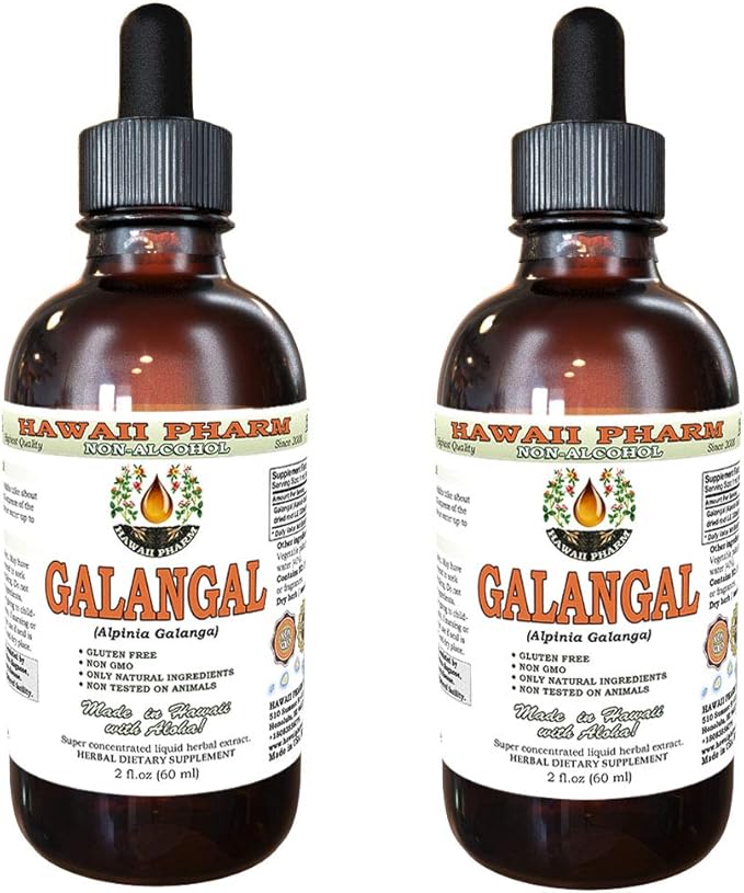 Galangal Root Alcohol-Free Liquid Extract, Organic Organic Galangal (Alpinia Galangal) Dried Root Glycerite Hawaii Pharm Natural Herbal Supplement 2x2 oz