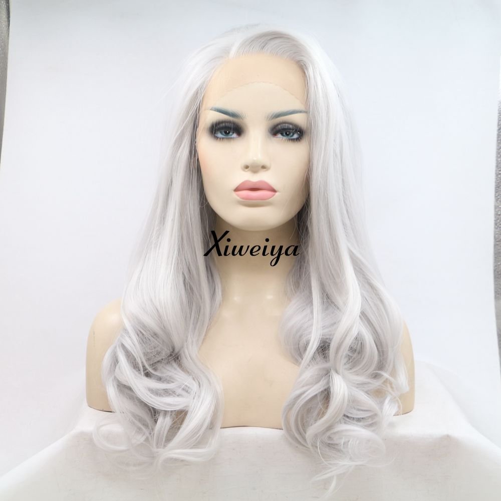 Xiweiya Wigs Silver Synthetic Lace Front Wig Platinum Grey Color Hair Heat Resistant Fiber Hair Side Part Body Wave Silver White
