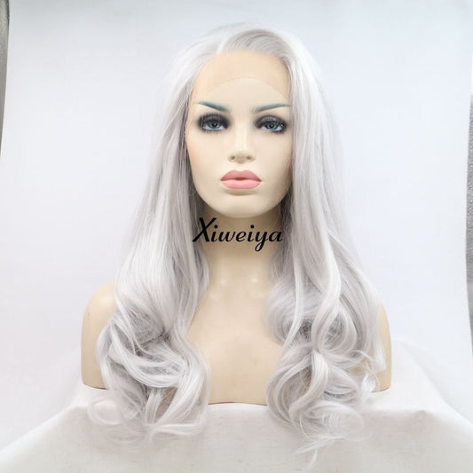 Xiweiya Wigs Silver Synthetic Lace Front Wig Platinum Grey Color Hair Heat Resistant Fiber Hair Side Part Body Wave Silver White