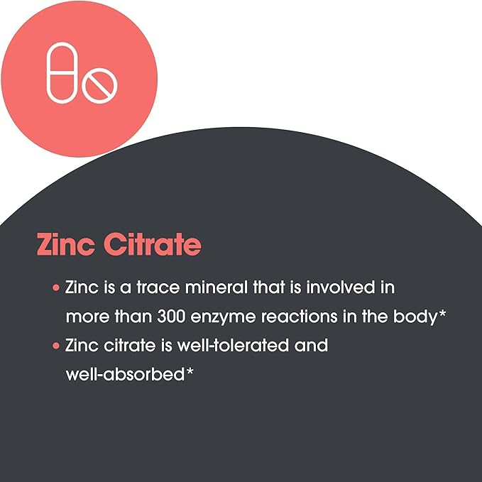 Allergy Research Group Zinc Citrate Supplement - Zinc for Men & Women, Immune Support, Pure, Well-Absorbed, Well-Tolerated, Trace Mineral, 50mg Vegetarian Capsules - 60 Count