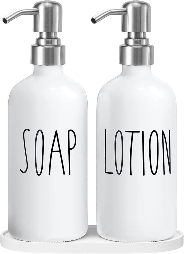 MOMEEMO Hand Soap Dispenser for Bathroom, Soap and Lotion Dispenser Set with Silver Metal Pump, Suitable for Farmhouse Bathroom Decor. (White & Silver)