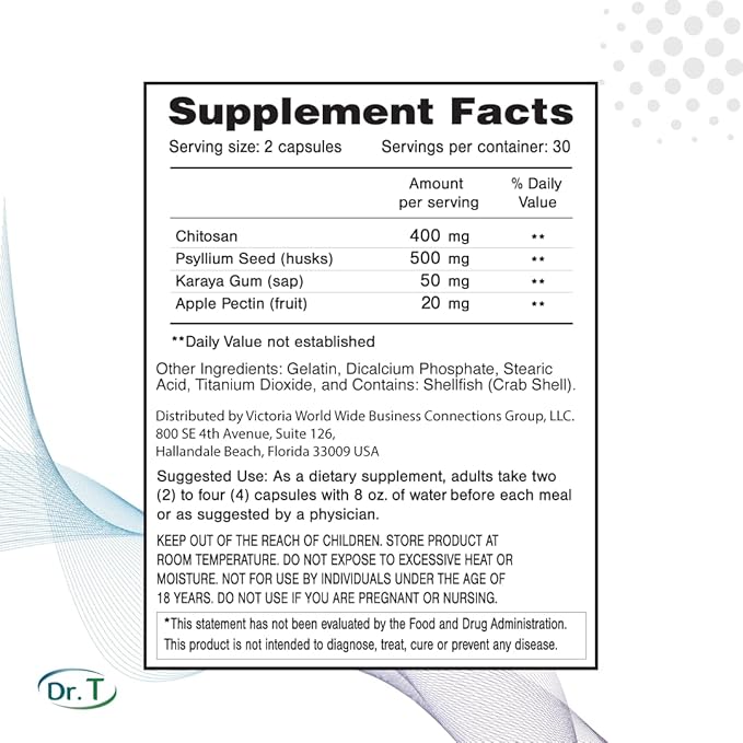 Dr. T Natural Cholesterol Lowering Supplement - Psyllium Seed (husks), Chitosan, Karaya Gum, Apple Pectin. Healthy LDL & HDL Cholesterol, and Triglyceride Levels - 60 Capsules