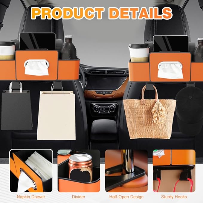 3-in-1 Car Backseat Organizer with Cup Holder, Tissue Box, Trash Bin & Hooks,Multifunctional Back Seat Car Organizer for Hold Phones,Snacks,Drinks,and Handbags (Orange)