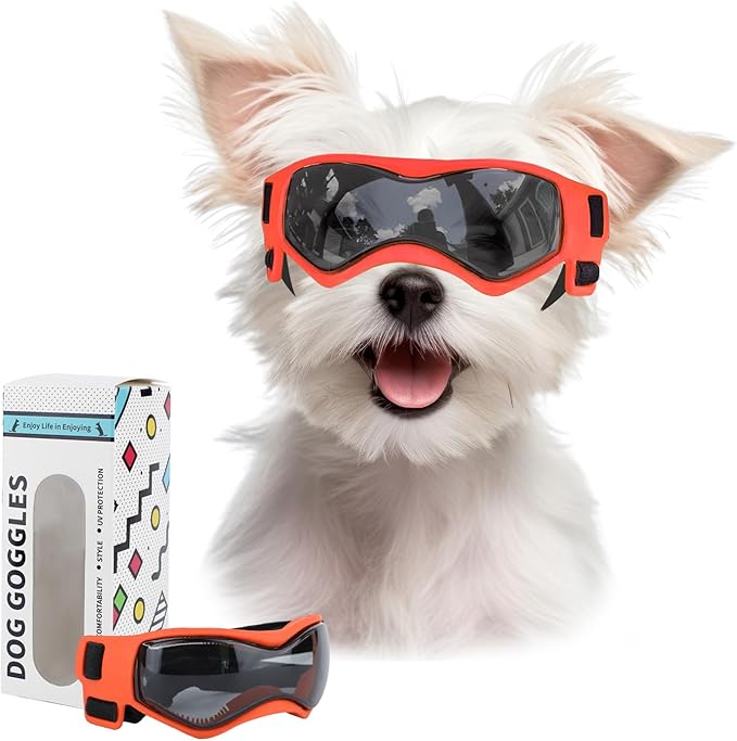 Dog Goggles Dog Sunglasses for Small Breed UV Protection Windproof with Adjustable Head Straps Chin Straps for Ride Car/Hiking Travel/On Beach-Orange