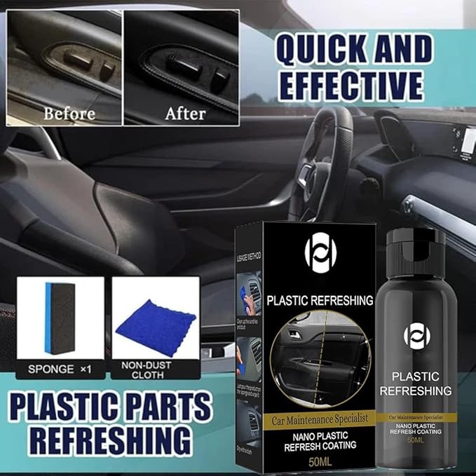 RJDJ Plastic Restorer for Cars, Trim & Exterior – Plastic Revitalizing Coating Agent, Restores Faded Plastic, UV Protection, Car Shine Refurbishing Solution (50ml-2pcs)