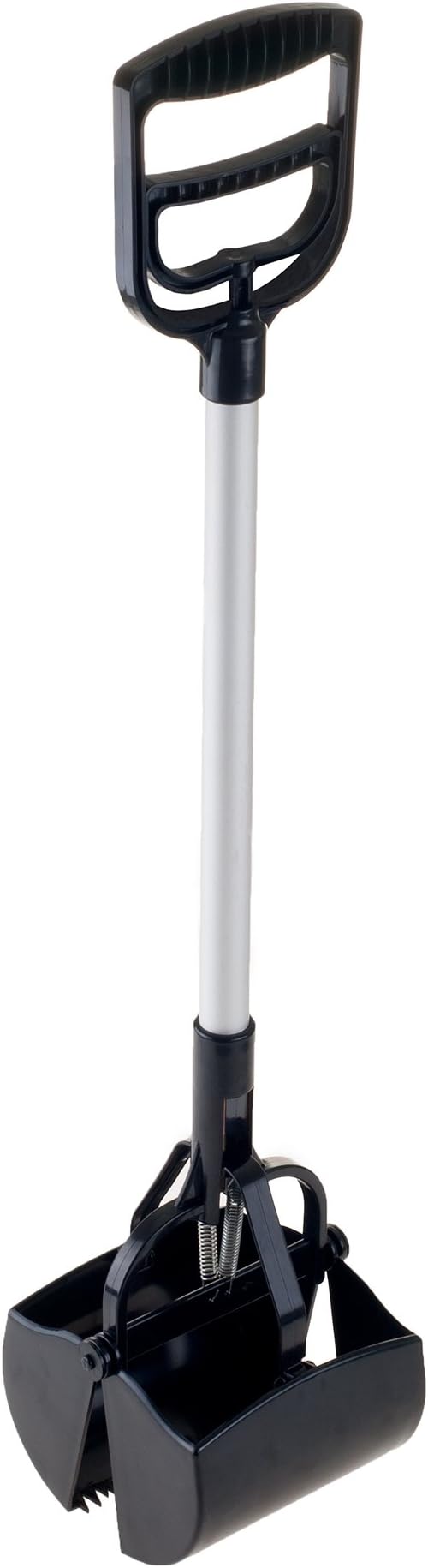 Pet Pooper Scooper - Plastic and Aluminum Cat and Dog Poop Grabber with Long Handle - Enables One-Handed Use on Concrete and Grass by PETMAKER (Black)