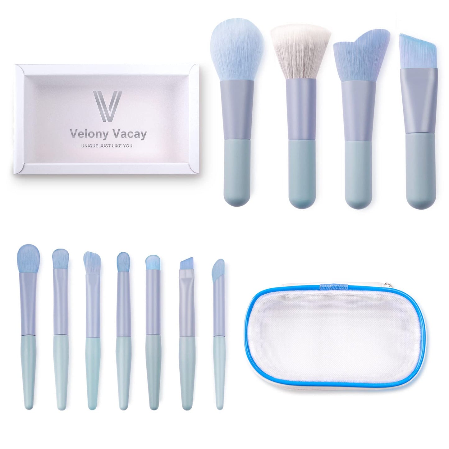 Velony Vacay Travel Makeup Brush Set, Portable 11Pcs Mini Makeup Brush Set For Blending Face Powder Foundation Eye Shadow Concea