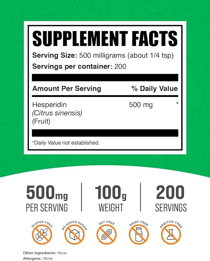 BulkSupplements.com Hesperidin Powder - Hesperidin Supplement, Hesperidin 500mg - Herbal Supplement, Vegan & Gluten Free, 500mg per Serving, 100g (3.5 oz) (Pack of 1)