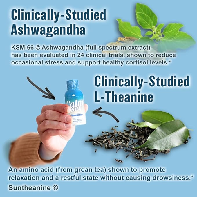 Calm & Easy - Natural Stress Relief Shot, KSM-66 Ashwagandha, Suntheanine L Theanine, Calming Adaptogen Drink, Relaxation, Focus, and Mood | 2 oz Liquid Bottle (12 Pack)
