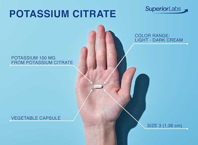 Superior Labs - Potassium Citrate NonGMO Supplement - 100 mg Dosage, 120 Vegetable Capsules - Maintains Overall Health - Supports Kidney Function - Electrolyte Mineral Balance