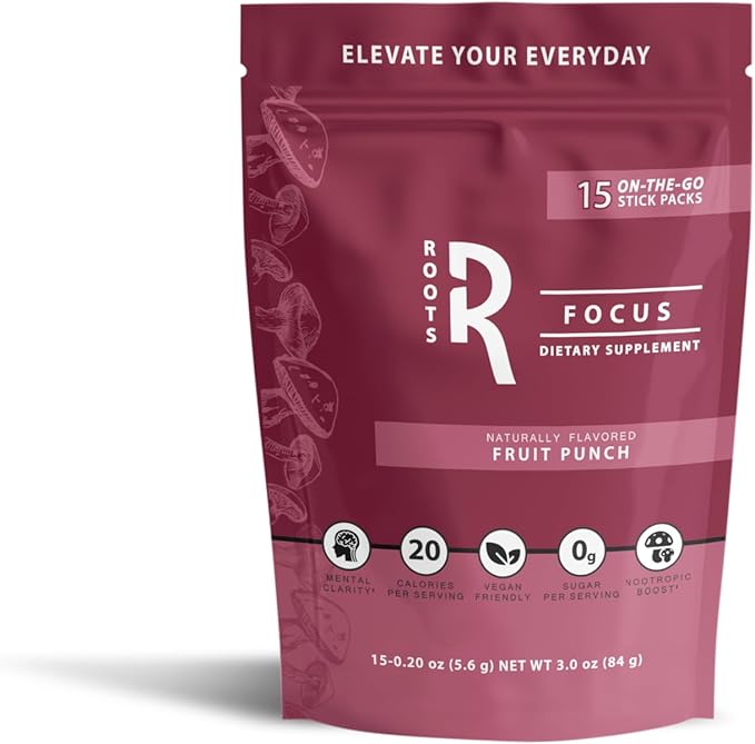 Roots Focus Nootropic Brain Supplement, Fruit Punch, Blend of Lion's Mane, Cordyceps, and Reishi Functional Mushrooms with Extended-Release Caffeine, 15 Servings