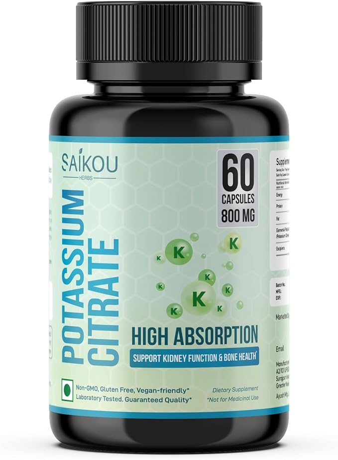 Potassium Citrate 800 mg High Absorption Potassium Supplement - 60 Servings Supports Electrolyte Balance - Pure and Potent