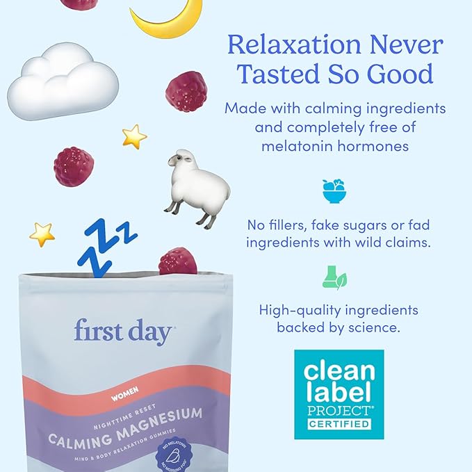 First Day Women’s Nighttime Reset Calming Magnesium Gummies – Sleep Aid Supports Peaceful Rest, Balanced Mood & Energy – Supplement with Magnesium Citrate, L-Theanine & No Melatonin – 30-Day Supply