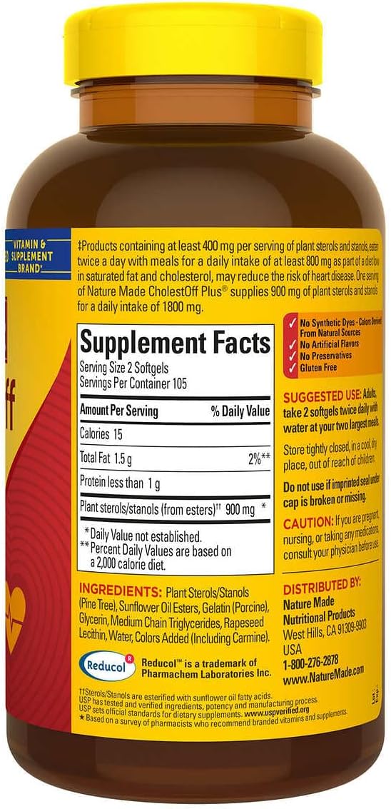 Cholest-Off Plus 450mg Plant Sterols Natures Mades 210 Softgels | Gluten Free | Take 2 Softgels Twice Daily