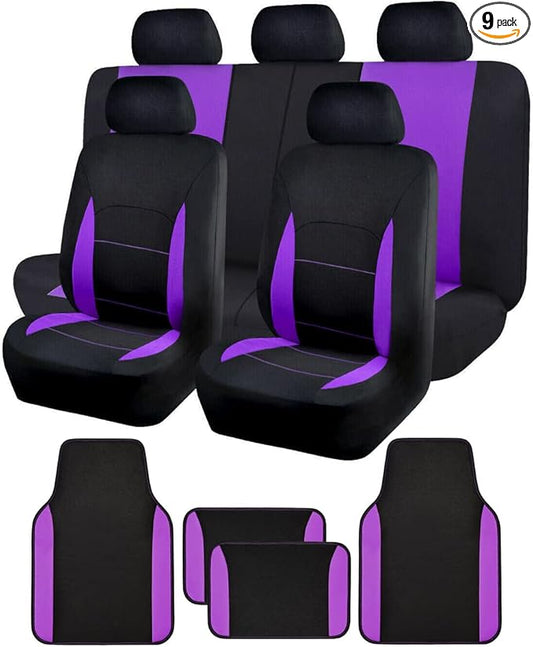 Flying Banner Car Seat Covers Front Seats Rear Bench Polyester car seat Protectors Easy installations Rear Bench Split Classic Man Lady Truck (Full Set - Low Back - Combo Pack, Black Purple)