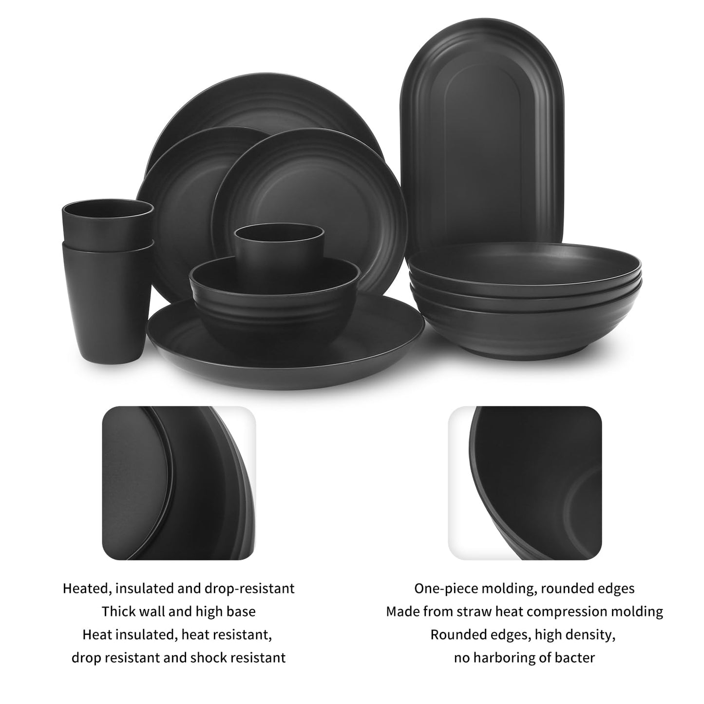 Lazycorner 48-Pcs Kitchen Wheat Straw Dinnerware Set, Service for 8, Plastic Reuasble Dinner Dishes Serving Plate Set for Kitchen, Including Dinner Plate, Dessert Plates, Bowl, Cup(Black)