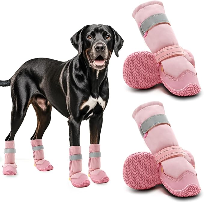 Hcpet Dog Shoes, Dog Boots & Paw Protectors for Winter Snowy Days, Rainy Weather, Outdoor Anti-Slip Sole Dog Booties for Hardwood Floor Pink-Leg 8