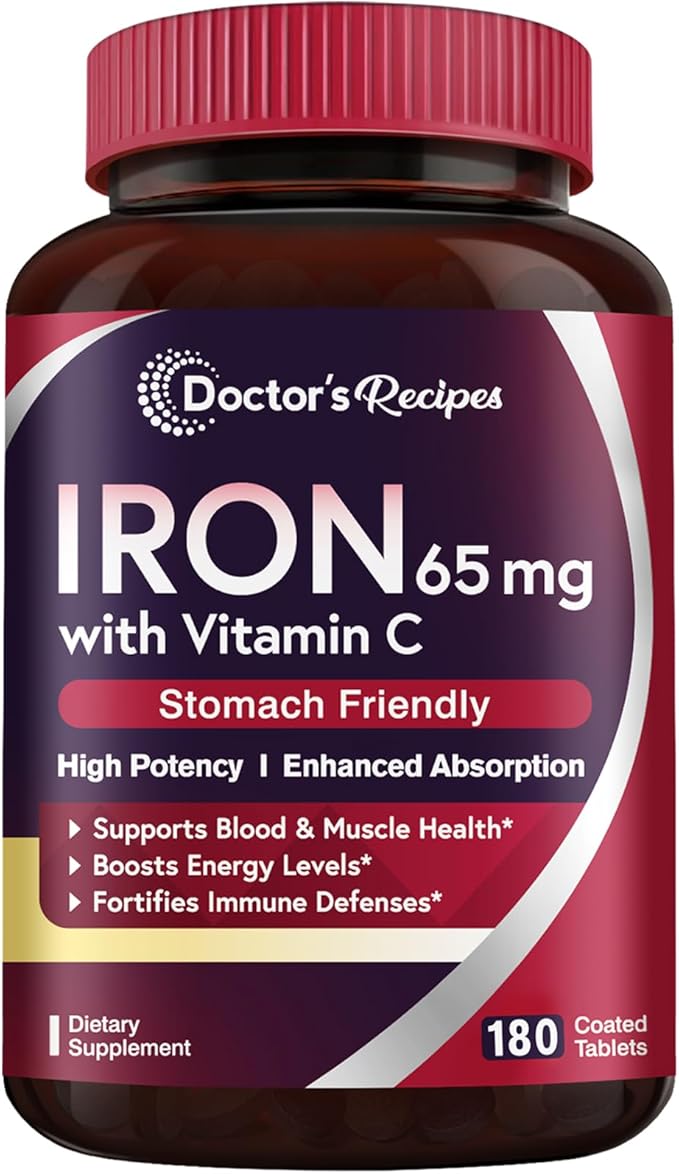 Doctor's Recipes Iron Supplement 65 mg with Vitamin C - Maximized Absorption & Stomach Friendly Iron Pills for Red Blood Cells Formation, Heart, Brain & Immunity Health - Vegan Non-GMO 180 Iron Tabs