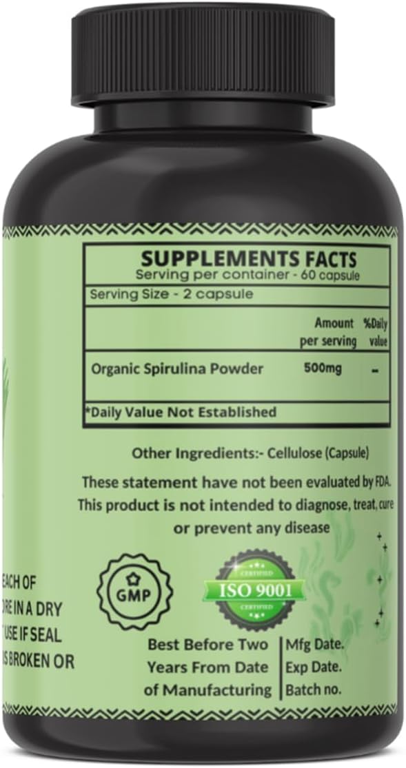 Organic Spirulina Protein Powder Capsules - Vitamins & Minerals for Energy - Vegetarian, Gluten Free 100% Pure Superfood for Optimal Health (120 Capsules)