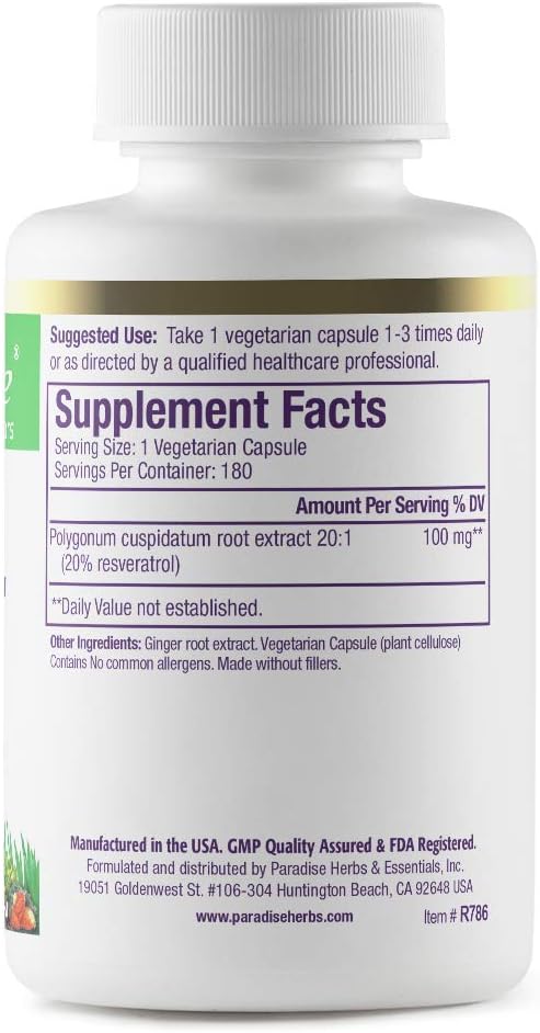 Paradise Herbs Resveratrol, Antioxidant, Super Potent, Ultra Pure, Vegan, Non GMO, Gluten Free, 180 Vegetarian Capsules