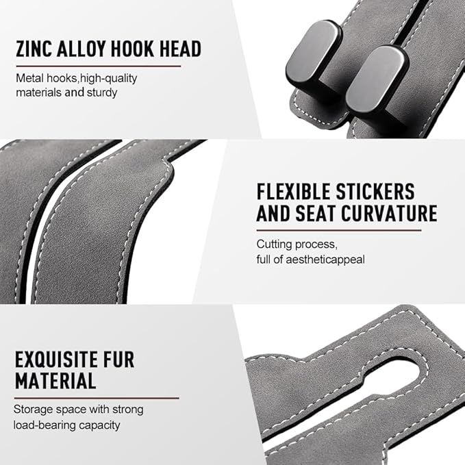 Car Seat Back Storage Hook, 2026 New Two Hook Fur Leather Seat Back Headrest Hanger Genuine Leather Double Metal Hook for Backseat Organizer, Car Organization Accessories (2, Brown)