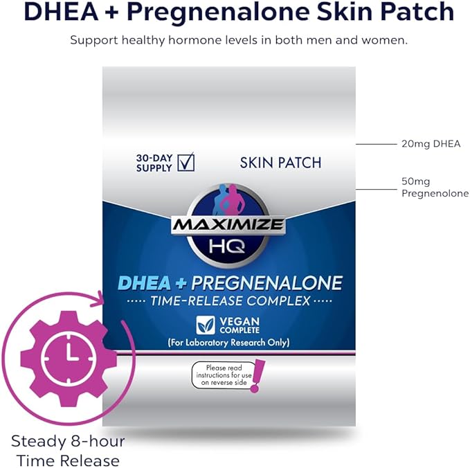 MAXIMIZE HQ DHEA + Pregnenolone Patches - for Vitality and Overall Well-Being Support - 8 Hour Time-Release - Gluten Free - Vegan