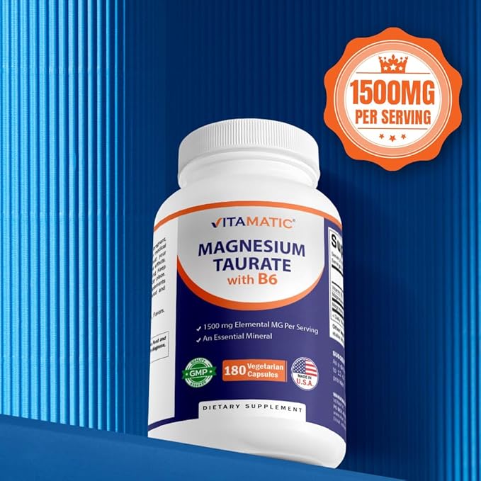Vitamatic Magnesium Taurate 1500mg per Serving - 180 Vegetarian Capsules (Provides 300 mg of Elemental Magnesium) - Added B6 for Maximum Absorption - Supports Muscle, Joint, and Heart Health*