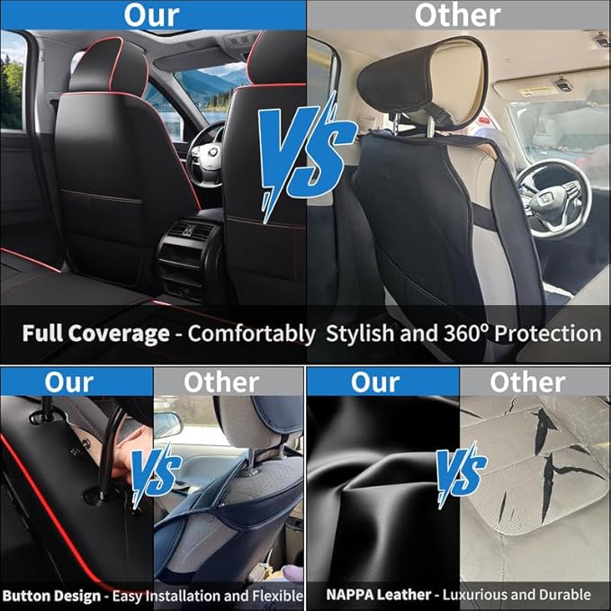 Car Seat Covers Full Set fit for Chevrolet/Chevy HHR 2006-2011 , Premium Faux Leather Waterproof Car Seat Protectors with Lumbar Support, Breathable Anti-Slip Auto Seat Covers(Black&Red,Full set)