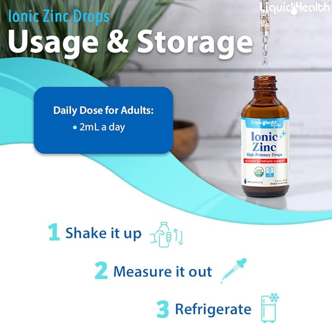 LIQUIDHEALTH USDA Organic Ionic Zinc High Potency Drops - Trace Mineral Liquid Vitamin Supplement for Adults & Kids - Immune & Digestive Support, Skin & Wound Health - USA Made, Vegan, Non-GMO (2 oz)
