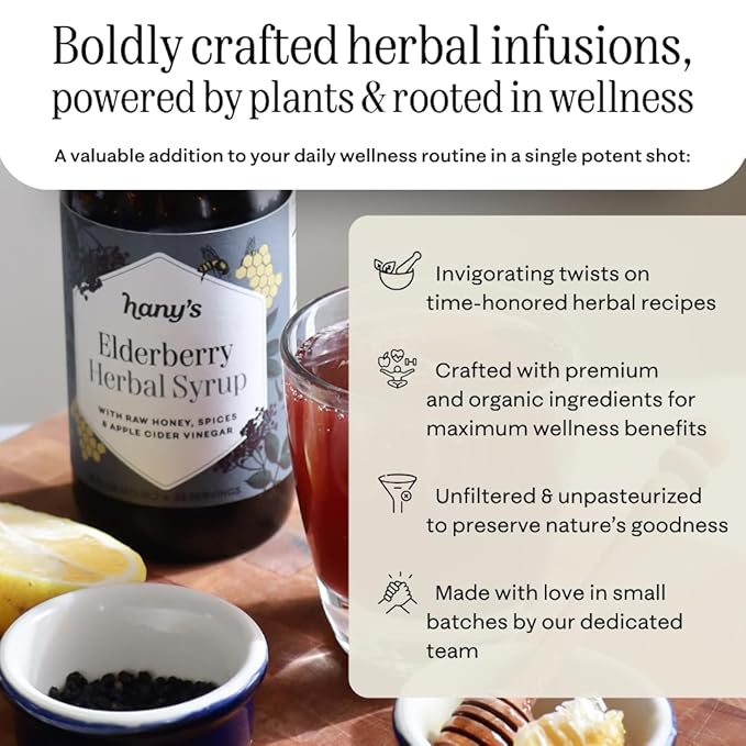 Hany's Harvest Elderberry Herbal Syrup – 16 fl oz | All-Natural Wellness Tonic, Apple Cider Vinegar, Raw Honey & Elderberry | Non-GMO, Gluten-Free, Handcrafted
