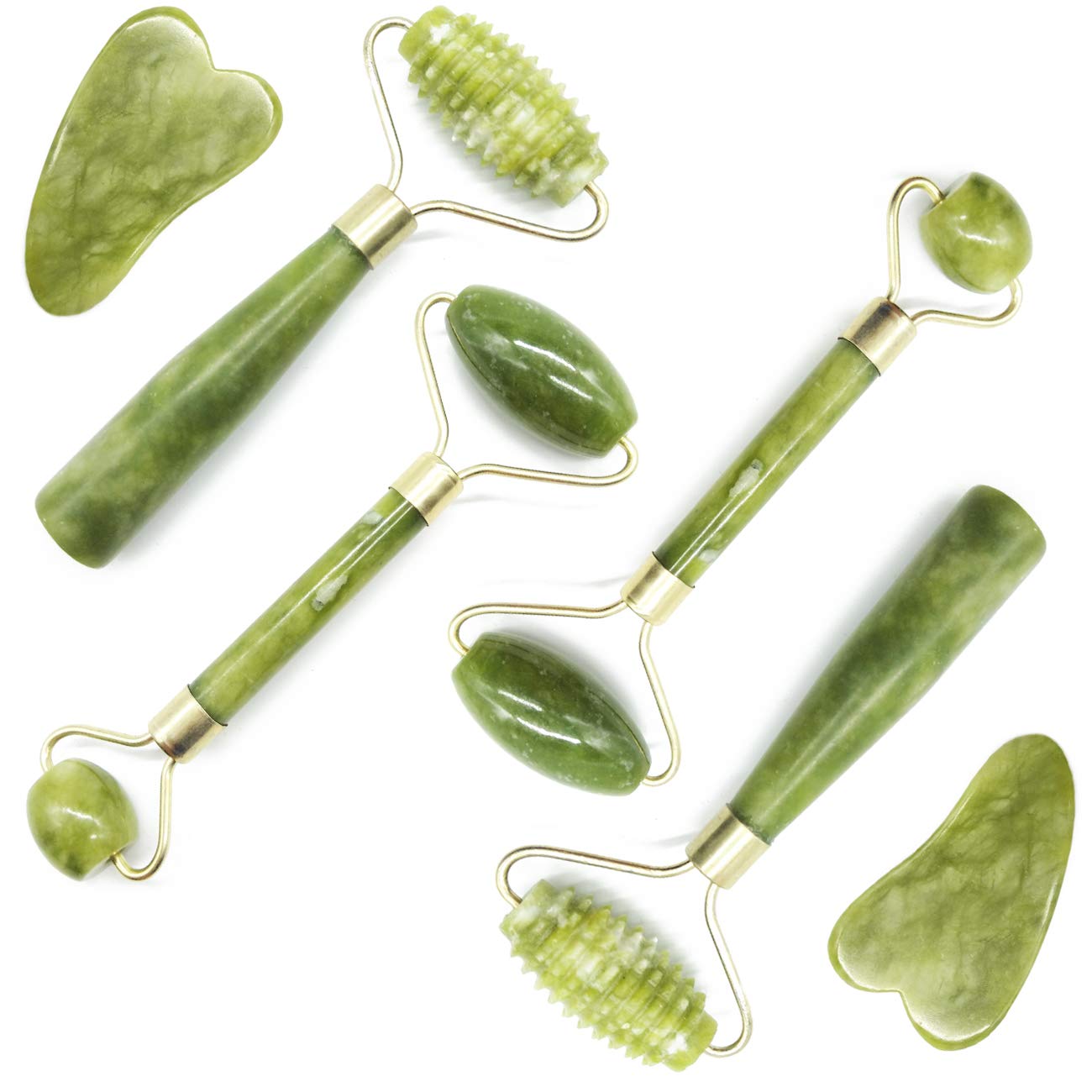 Tihood 6Pcs Massage Tools Kits, 4 Pcs Jade Roller Facial Ridged Roller Kits Skin Roller With 2 Pieces Scraping Massage Tools Ant