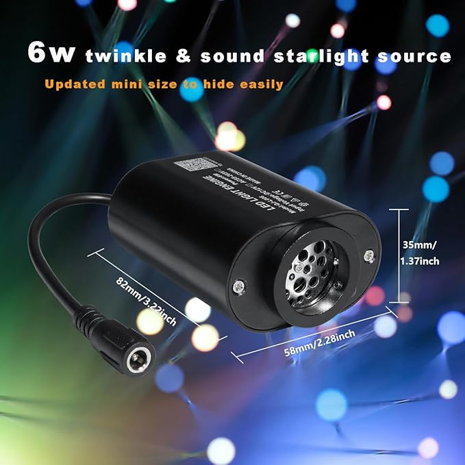 AMKI Mini 6W Starlight Headliner Kit 300pcs 0.03in 9.8ft,Twinkle+Sound Activated Fiber Optic Light 4Lamp Beam Starlight Box APP/Remote Control for Car Home Star Ceiling Decoration