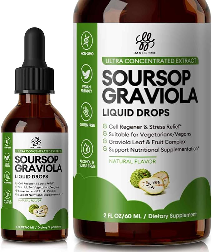 Soursop Graviola Liquid Drop for Cell Support & Regeneration, Immune System and Gut Health Support, Pure Soursop Bitters Liquid, High Absorption, Sugar/Gluten Free, Natural Flavor, 2 Fl Oz