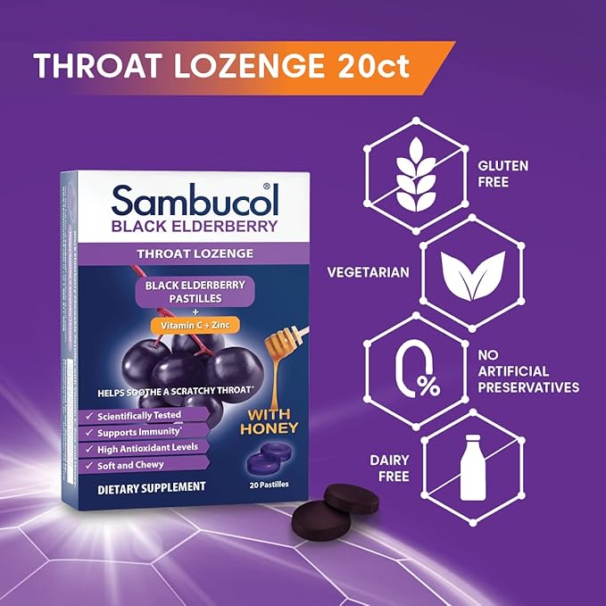 Sambucol Black Elderberry Throat Lozenge - with Honey, Vitamin C & Zinc, Elderberry Lozenges Sore Throat & Cough, Soothes Scratchy Throat, Supports Immunity, Soft & Chewy - 20 Count, 2-Pack