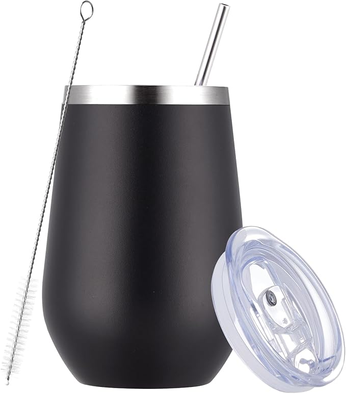 MEWAY 12oz Wine Tumbler Glasses with Lid and Straw - Stemless Double Wall Vacuum Stainless Steel Tumbler Keeping Cold & Hot for Wine,Drinks - Family and Gifts, Ideal for Travel and Office(Black,1)