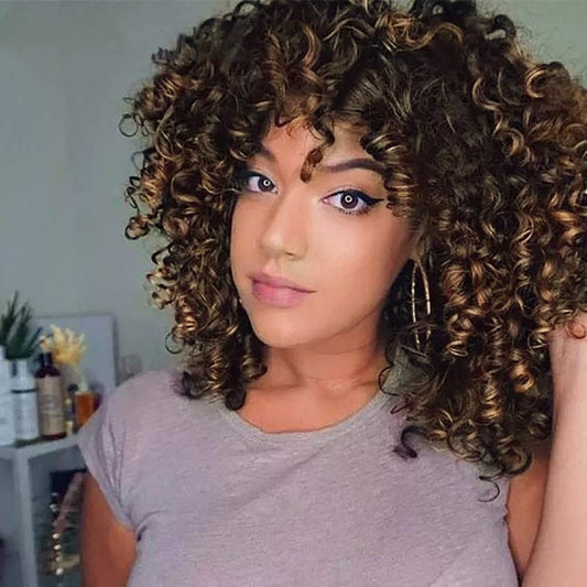 Rosmile Curly Wigs For Black Women - Ombre Brown #4T30 Synthetic African American Full Kinky Curly Afro Hair Wig With Bangs (Fre