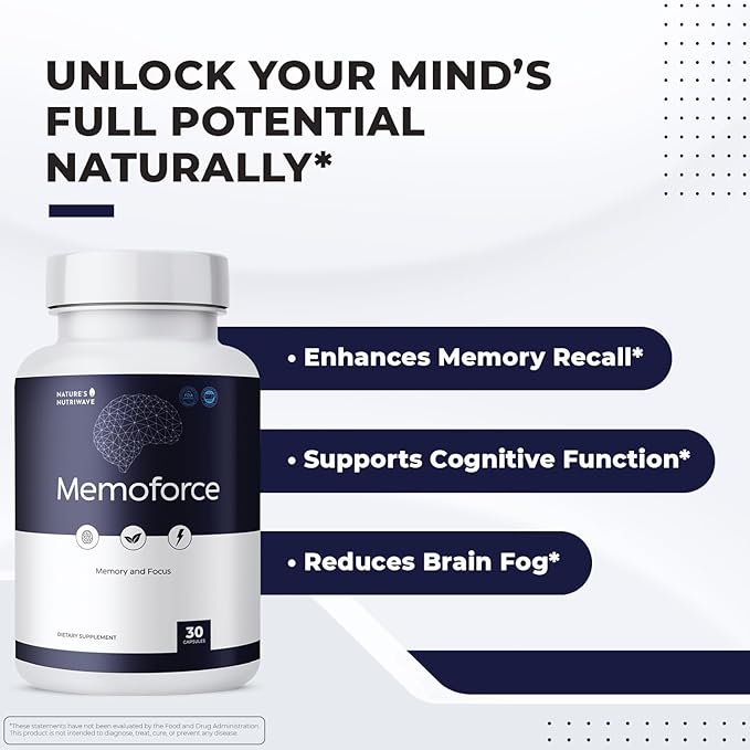 MemoForce - Natural Supplement with Ginkgo Biloba, Bacopa Monnieri for Brain & Memory Support | Non-GMO, Stimulant-Fre | Made in The USA, GMP-Certified | 30 Capsules - 6 Month Supply