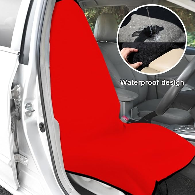 2PCS Car Towel Seat Cover, Waterproof Sweating Non-Slip Premium Soft Towel Carseat Protector, Universal Machine Washable Car Truck SUV Front Seat Cover for Gym Workout Beach Hiking (Red)