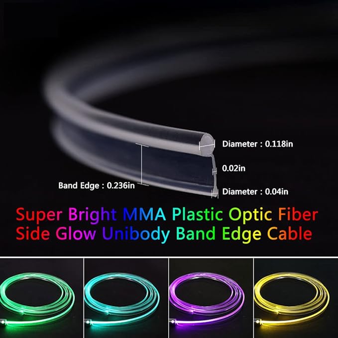 Super Bright MMA Plastic Optic Fiber Side Glow Unibody Band Edge Cable Car LED Illumination Optic Fiber Band Car Interior Atmosphere Lights (32.81ft)