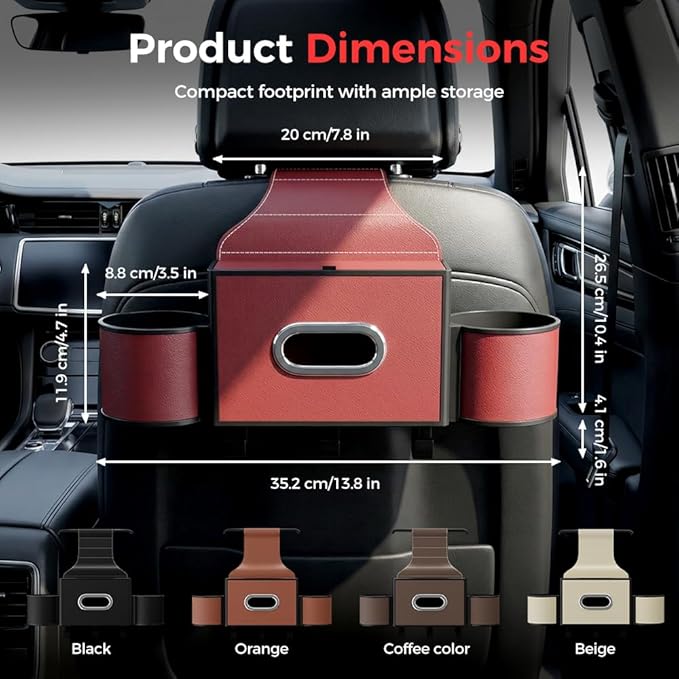3-in-1 Car Backseat Organizer with Cup Holder, Tissue Box, Trash Bin & Hooks,Multifunctional Back Seat Car Organizer for Hold Phones,Snacks,Drinks,and Handbags (A-Black)