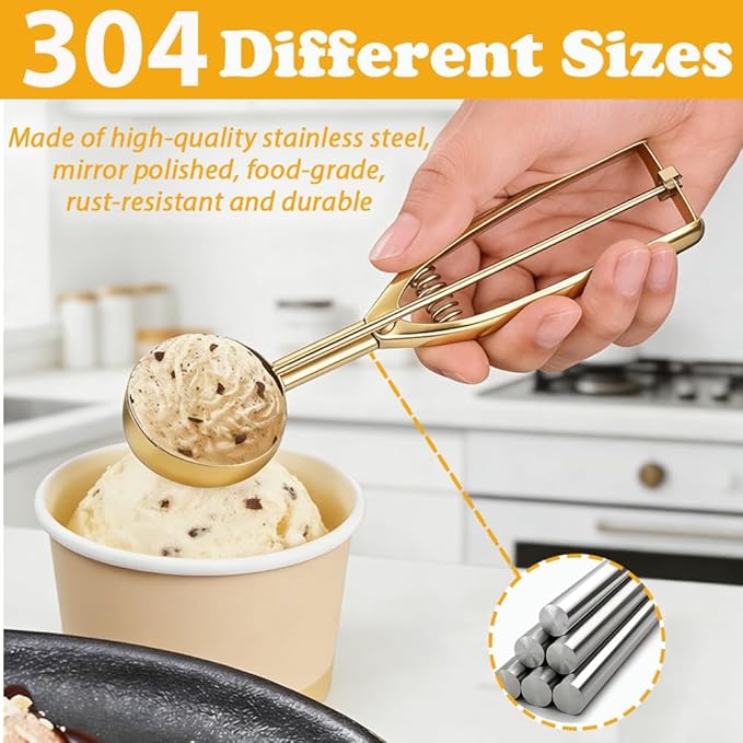 Gold Ice Cream Scoop 304 Stainless Steel Cookie Scoops for Baking Melon Baller with Trigger 3 Sizes (Gold, S)