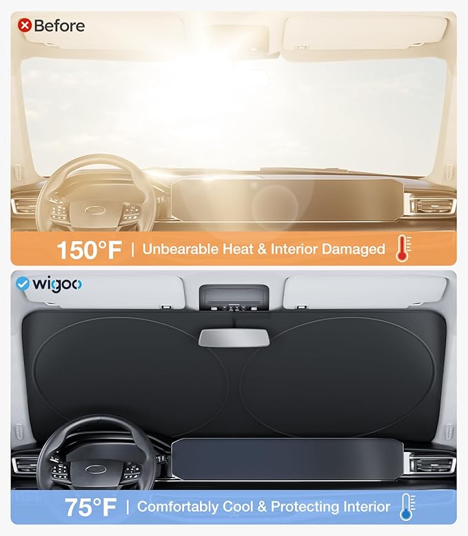Wigoo 2025 Upgrade Car Windshield Sun Shade [100% Light Block, 4th-Gen Cooling Tech] Foldable Heat Insulation Interior Sun Visor with Storage Bag for Compact Cars/Coupes (S (59"x29")