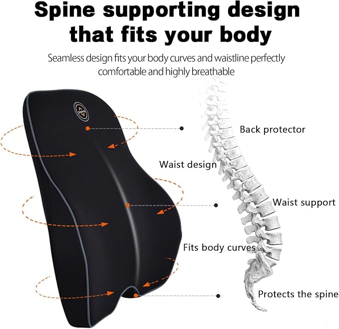 Lumbar Support Pillow for Car, Office, and Gaming Chair, Lumbar Cushion Desk Chair Back Cushion, Memory Foam Back Support Pillow, Comfortable and Breathable, Ergonomic Back - Black