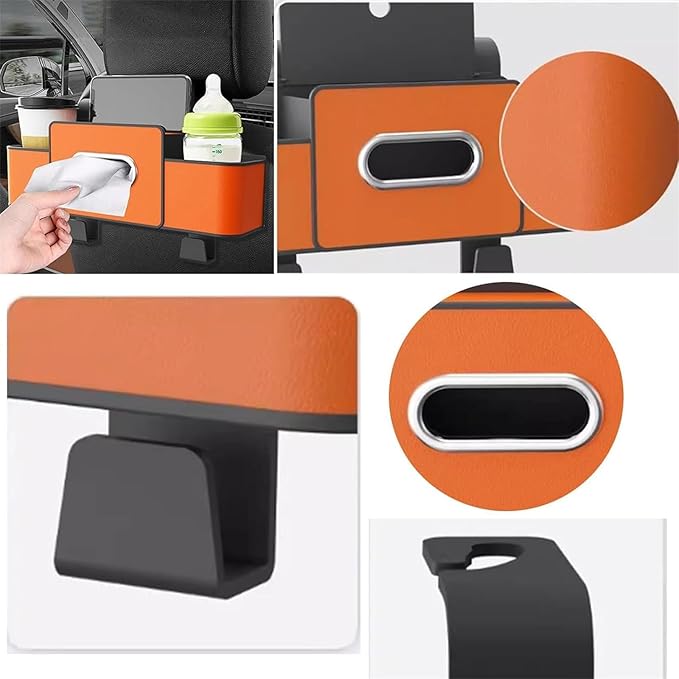 Car Organizers and Storage Box Behind Seat, Car Organizer Back of Seat, 4 in 1 Multifunctional Cars Organizer, For Snacks, Drinks, Bag Hook, Keep Tidy & Organized (White+Brown)