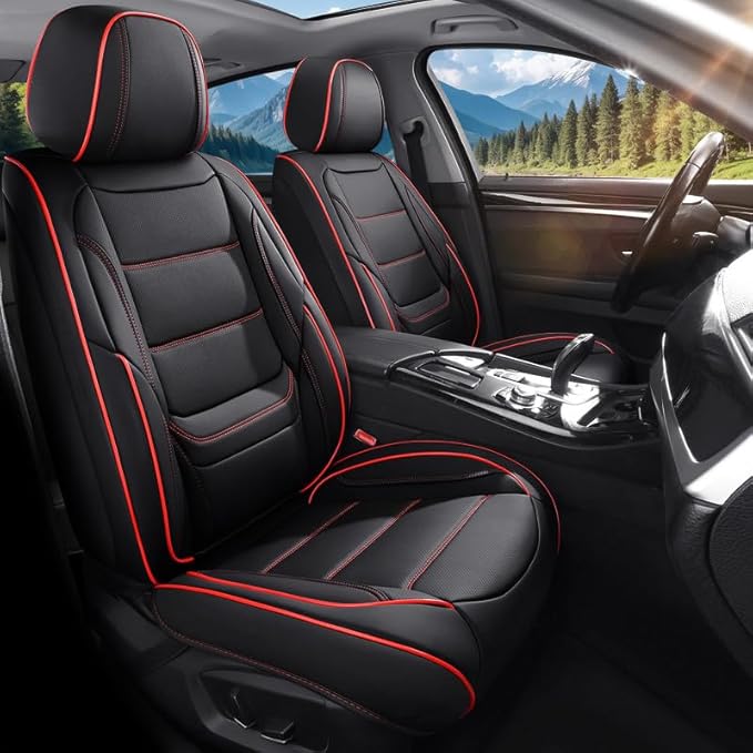 Car Seat Covers Custom Fit for Chevrolet/Chevy Colorado 2015-2026 , Premium Faux Leather Waterproof Car Seat Protectors with Lumbar Support, Breathable Anti-Slip Easy to install(Black&Red,Full set)