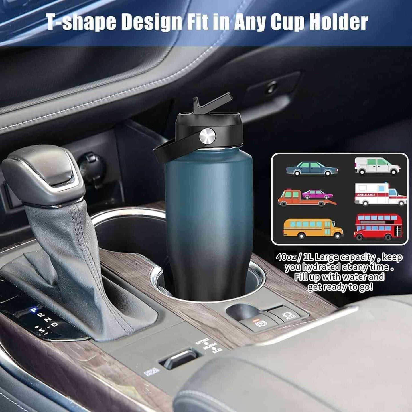 SENDESTAR 40oz Stainless Steel Water Bottle(Cold for 48 Hrs, Hot for 24 Hrs),Double Wall Vacuum Insulated Bottle with Straw Lid, Spout Lid and Flex Cap, Fit in Any Car Cup Holder,Black